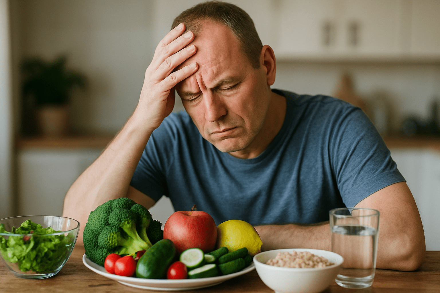 Mężczyzna w szarej koszulce siedzi przy stole, z ręką opartą na głowie, wyrażając frustrację lub smutek. Przed nim znajduje się różnorodna, zdrowa żywność: brokuły, pomidory, ogórki, jabłko, cytryna oraz sałata w przezroczystej misce. Obok stoi szklanka wody i miska ryżu. Tło przedstawia