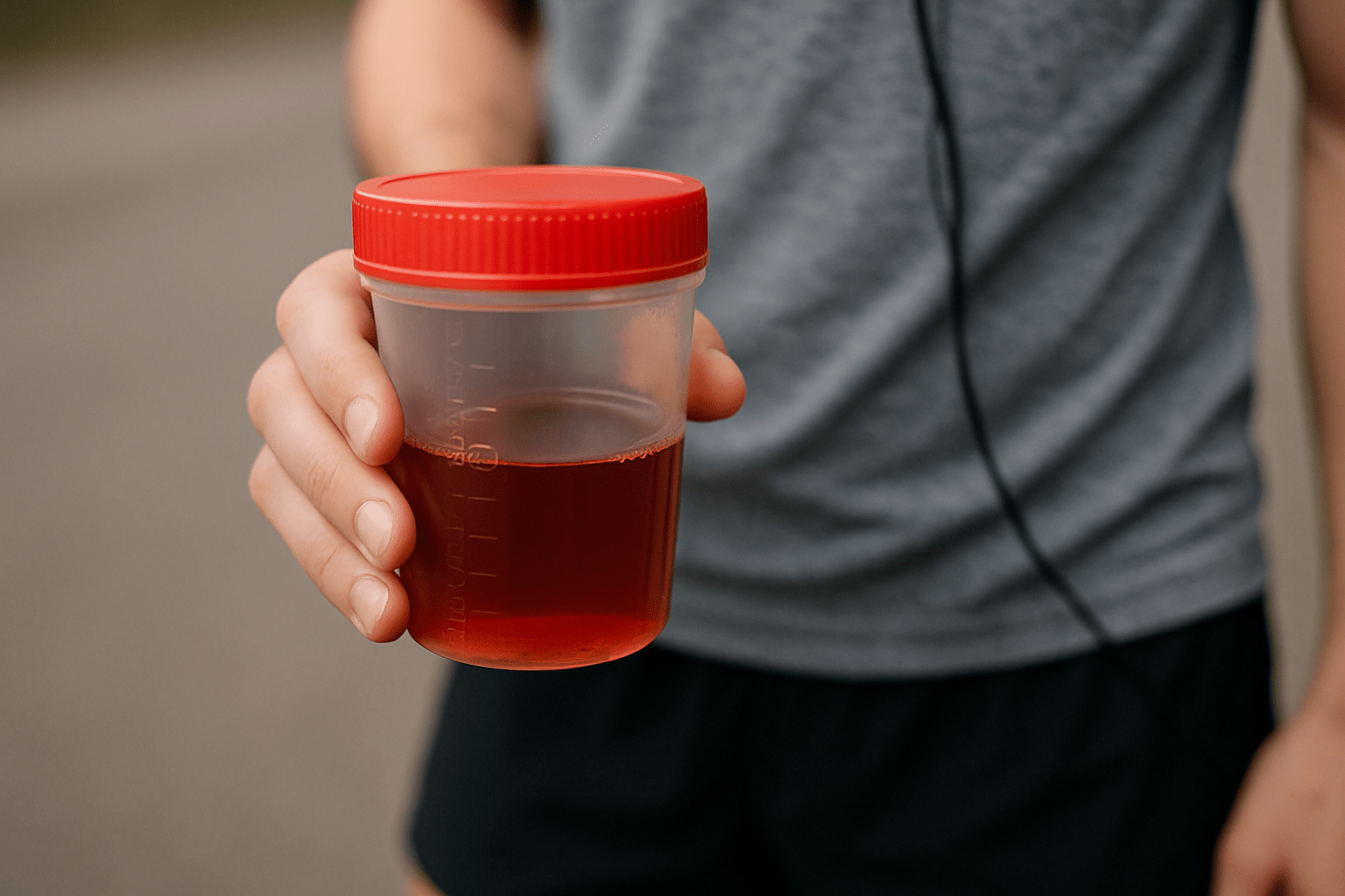 Mężczyzna trzyma przezroczysty pojemnik z napojem energetycznym o czerwonym kolorze, ubrany w szary t-shirt i krótkie spodenki, przygotowując się do treningu na świeżym powietrzu.