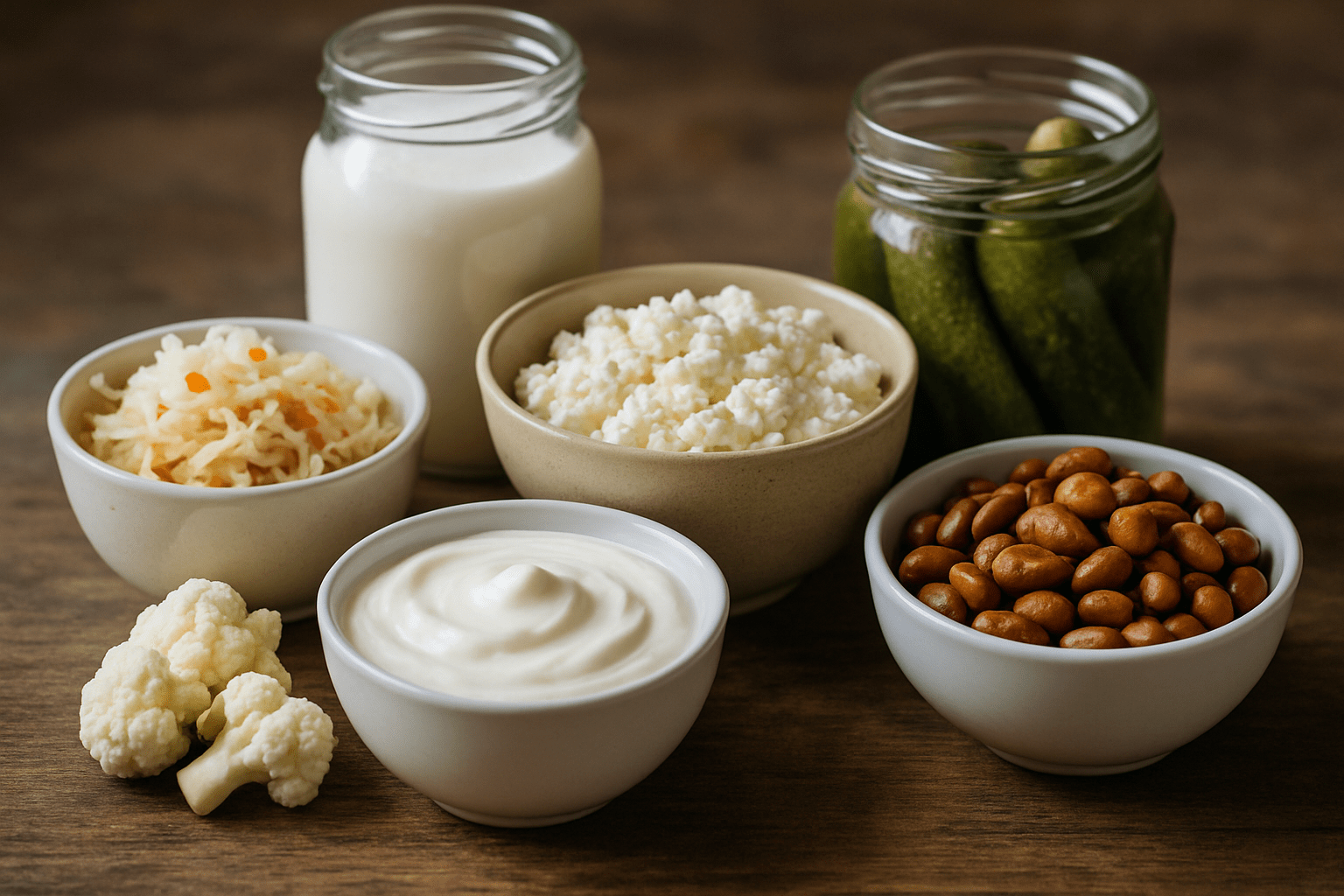 Alternatywny tekst (ALT): Różne rodzaje zdrowych produktów spożywczych: kiszona kapusta, twaróg, kalafior, jogurt oraz ogórki kiszone i fasola, podane w białych miseczkach na drewnianym stole.