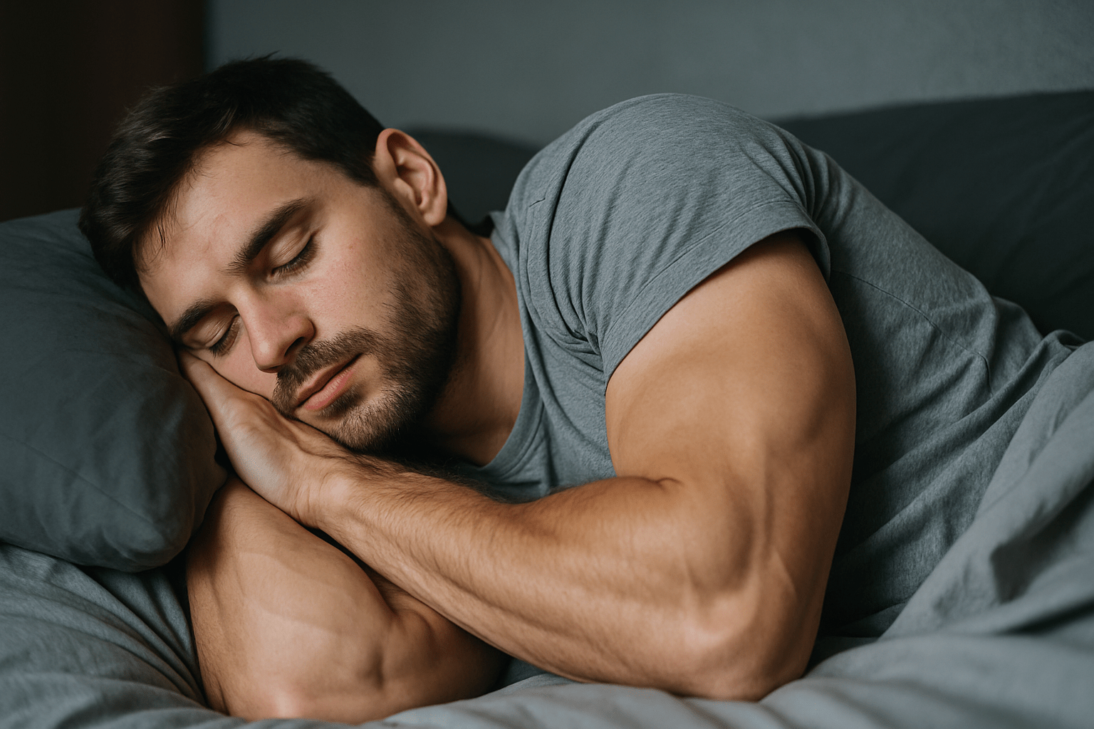 Mężczyzna w szarym T-shircie, śpiący na łóżku z poduszką, z zamkniętymi oczami i wyrazem spokoju na twarzy.