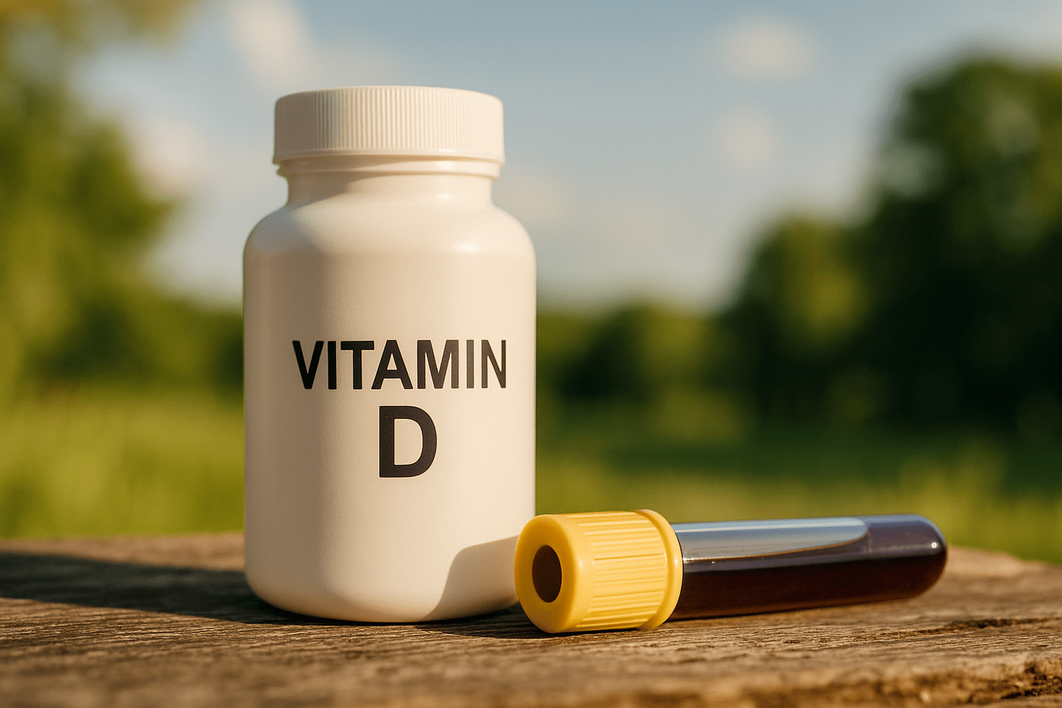 Butelka z witaminą D obok probówki z krwią na tle zielonego krajobrazu. Idealne dla artykułów o zdrowiu, suplementacji i badaniach krwi.