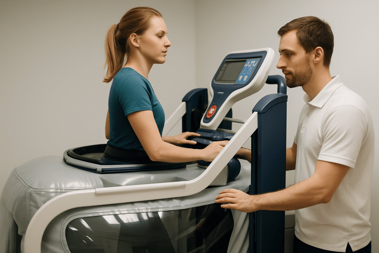 Kobieta korzystająca z zaawansowanego urządzenia do rehabilitacji pod wodą, obsługiwana przez mężczyznę w białej koszulce. Obraz przedstawia nowoczesne podejście do terapii fizycznej, koncentrując się na zdrowiu i dobrą kondycji.