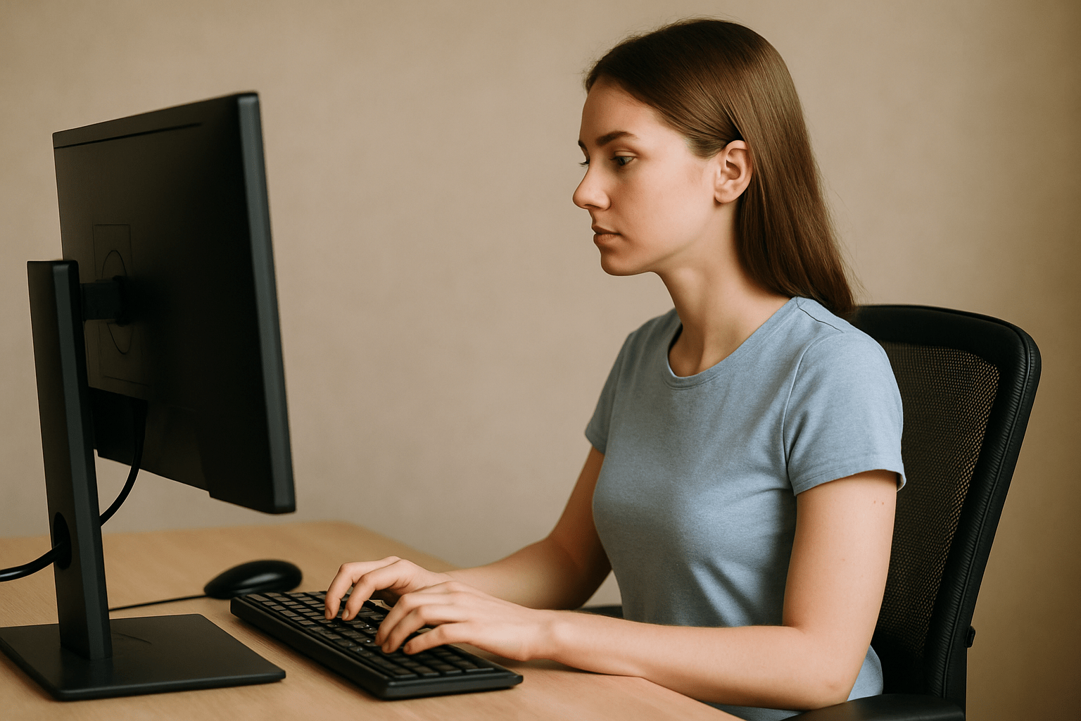 Młoda kobieta siedzi przy biurku, pisząc na klawiaturze komputera osobistego. W tle widoczny jest monitor oraz neutralna ściana.