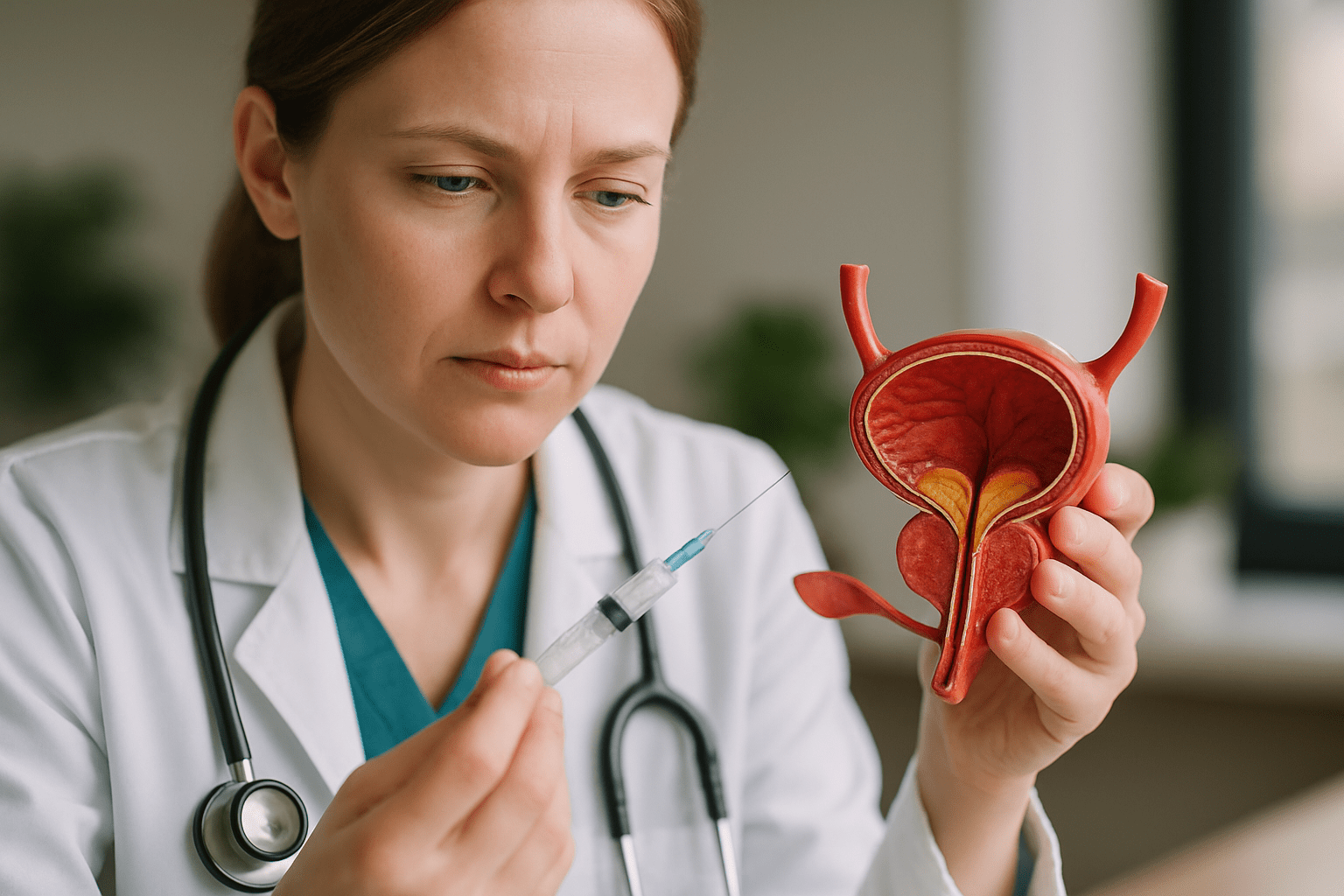 Lekarka trzyma model układu moczowego i strzykawkę, skoncentrowana na procedurze medycznej. Osoba w białym fartuchu i ze stetoskopem analizuje detalicznie budowę anatomiczną.