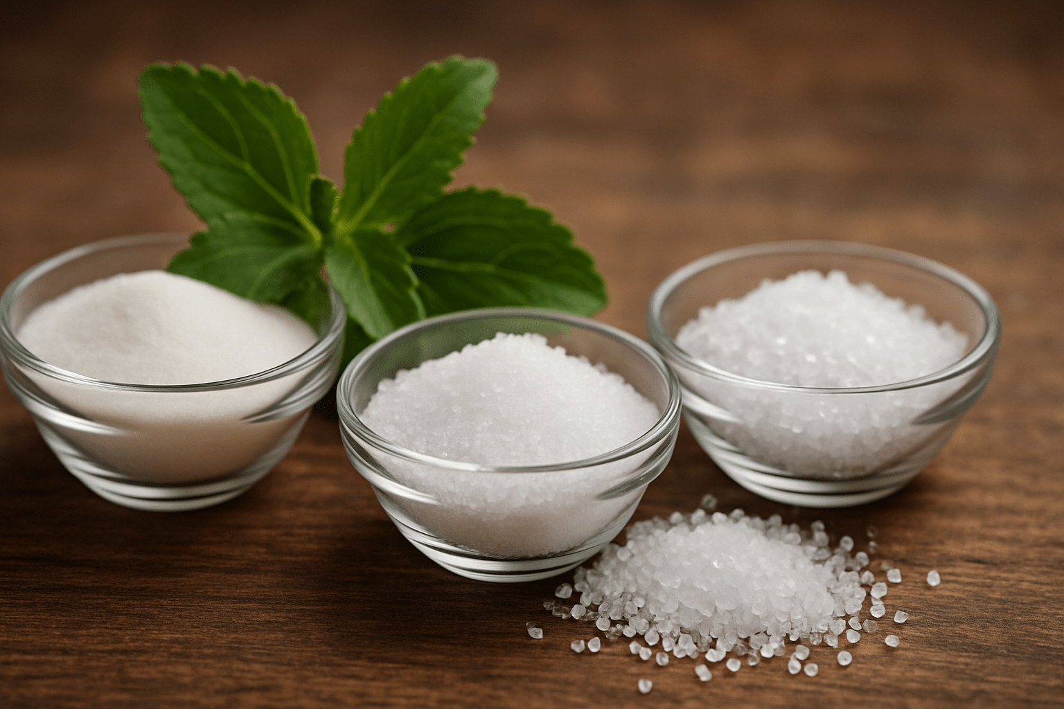 Trzy miseczki z różnymi rodzajami cukru i soli, w tym zaczynającym się od białego cukru, kryształków soli i morskiej soli, obok liści stewii na drewnianym tle.