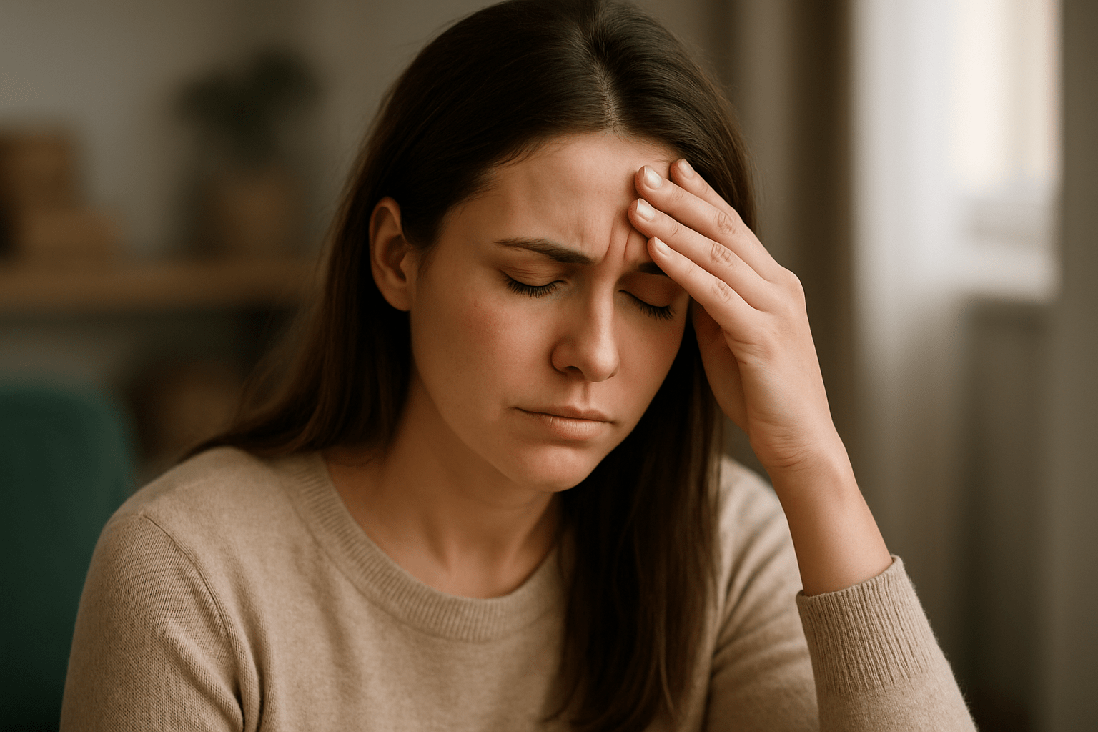Kobieta z długimi włosami, trzymająca się za głowę, wyrażająca ból lub dyskomfort w domowym otoczeniu.