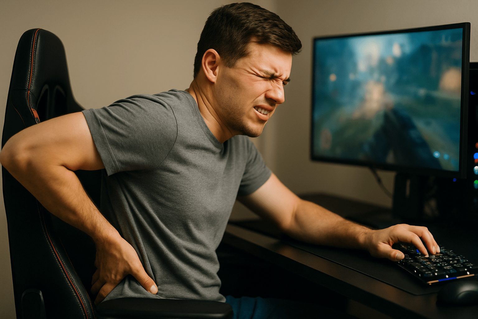 Mężczyzna siedzący przy biurku z komputerem, trzymający się za ból pleców, wskazujący na dyskomfort związany z długotrwałym siedzeniem.