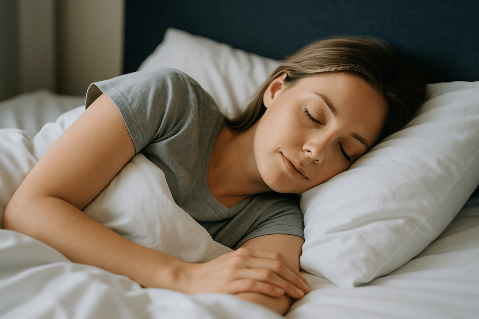 Młoda kobieta śpi spokojnie w białej pościeli, z ułożonymi dłońmi, w szarym t-shircie, na tle jasnego pokoju.
