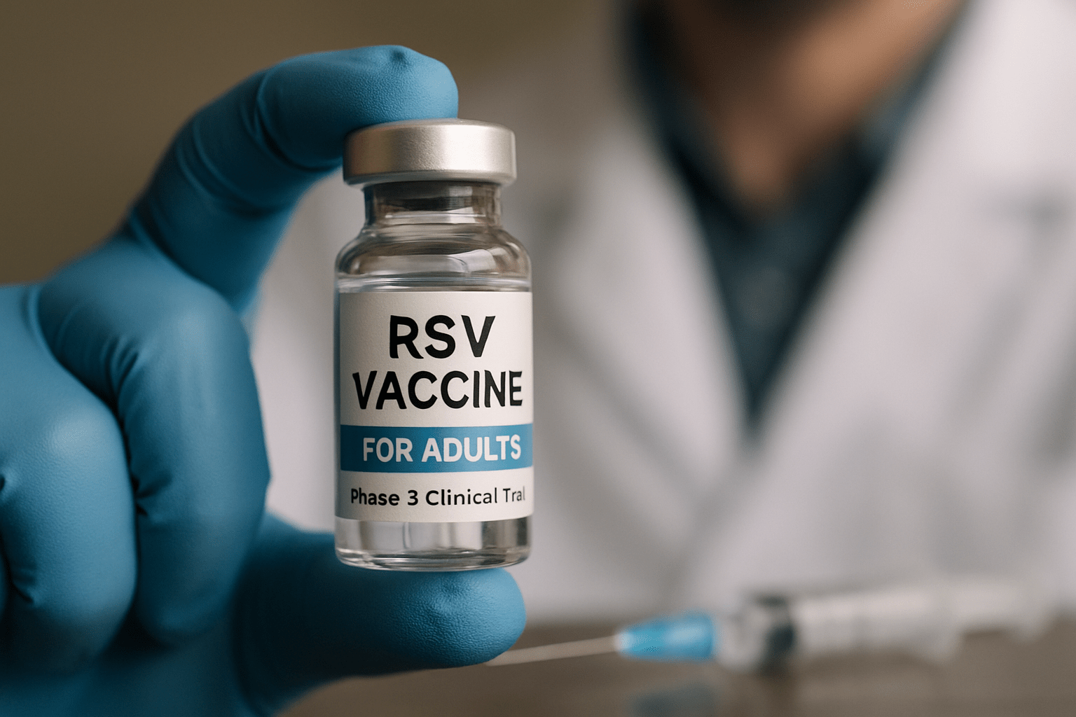 Ampułka szczepionki RSV dla dorosłych w ręce lekarza w rękawiczce, z podpisem „Phase 3 Clinical Trial”.
