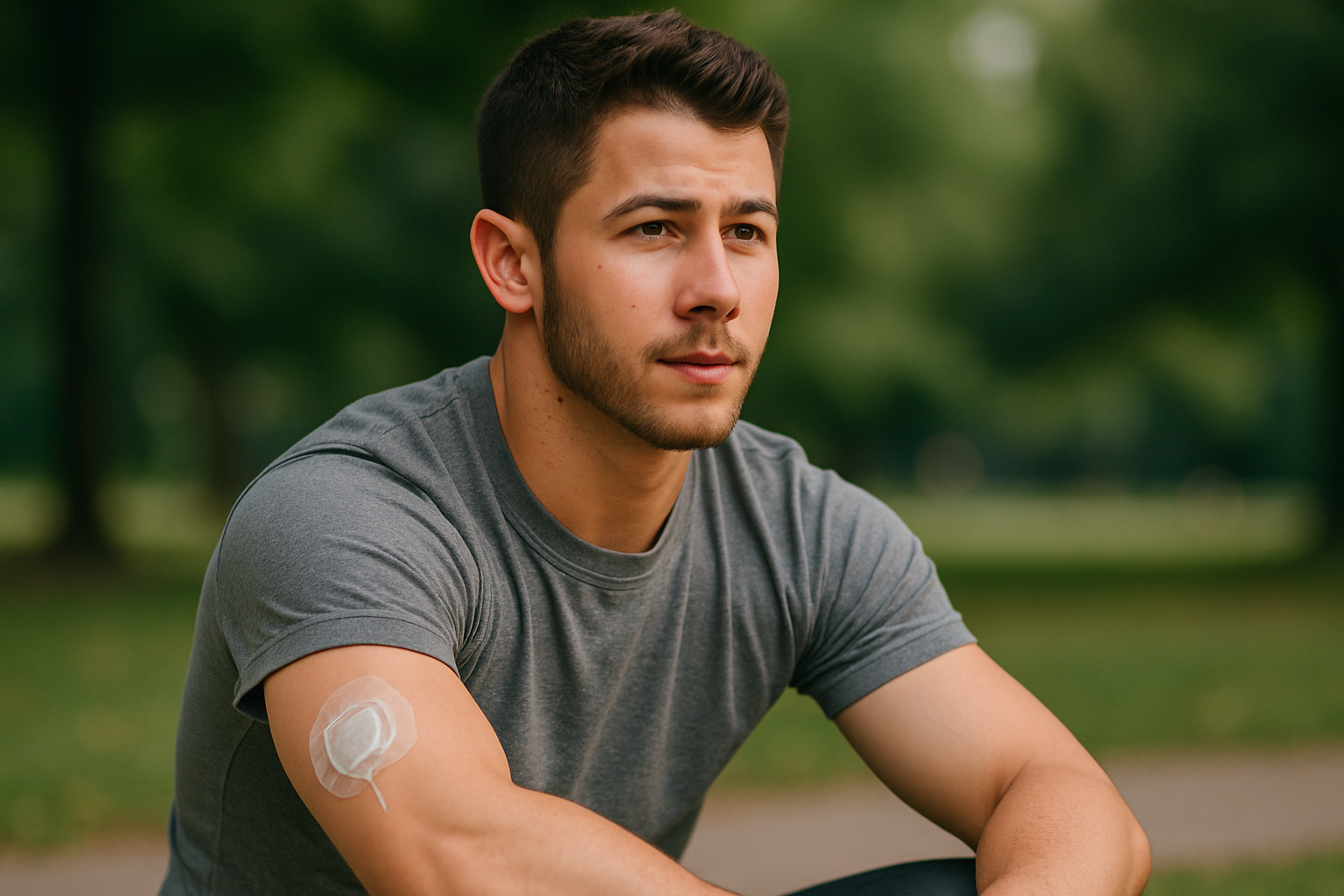 Młody mężczyzna w szarym t-shircie siedzi na zewnątrz, z zamyślonym wyrazem twarzy. Na jego ramieniu widoczny jest plaster. W tle widać zieloną roślinność.