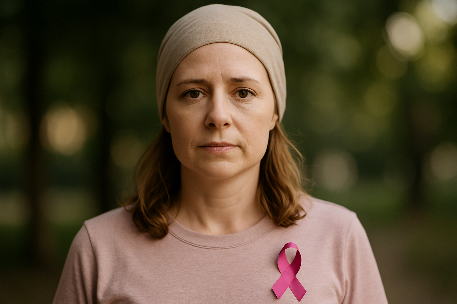 Kobieta w jasnym t-shircie z różową wstążką na piersi, nosząca beżową chustę, stoi w parku w naturalnym świetle. Jej wyraz twarzy jest poważny, co może sugerować walkę z chorobą.