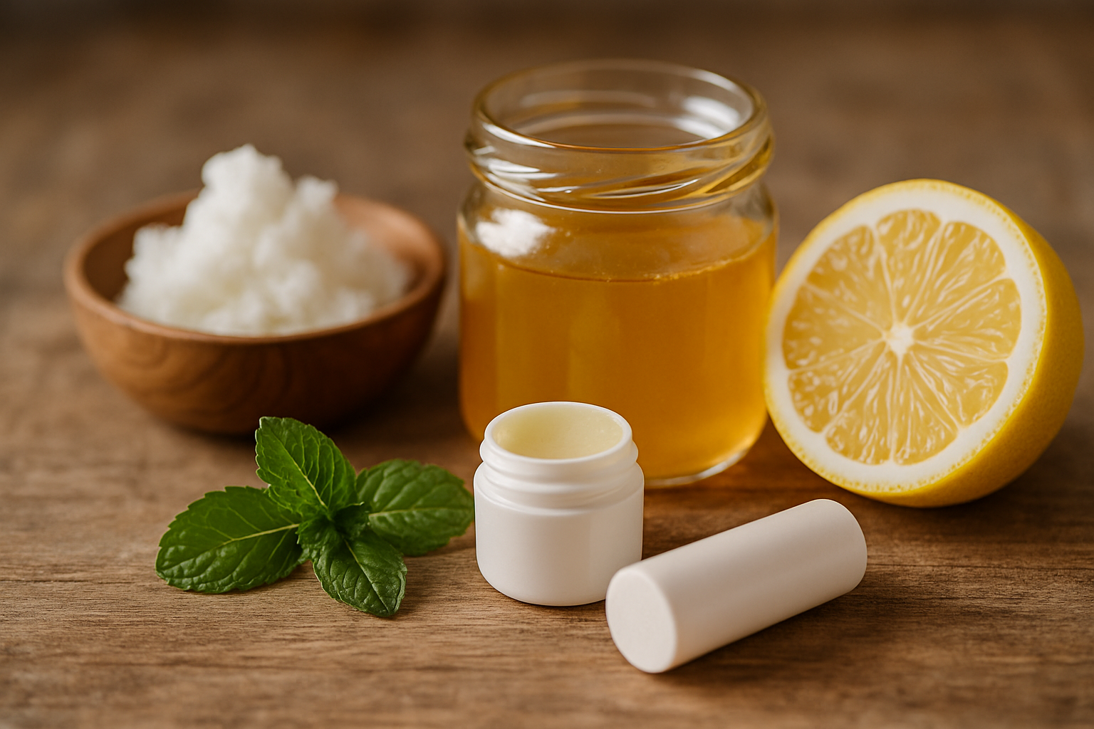 Naturalne składniki do pielęgnacji: słoik z olejem, cytryna, miseczka z masłem shea, balsam w tubce oraz świeża mięta na drewnianym blacie.