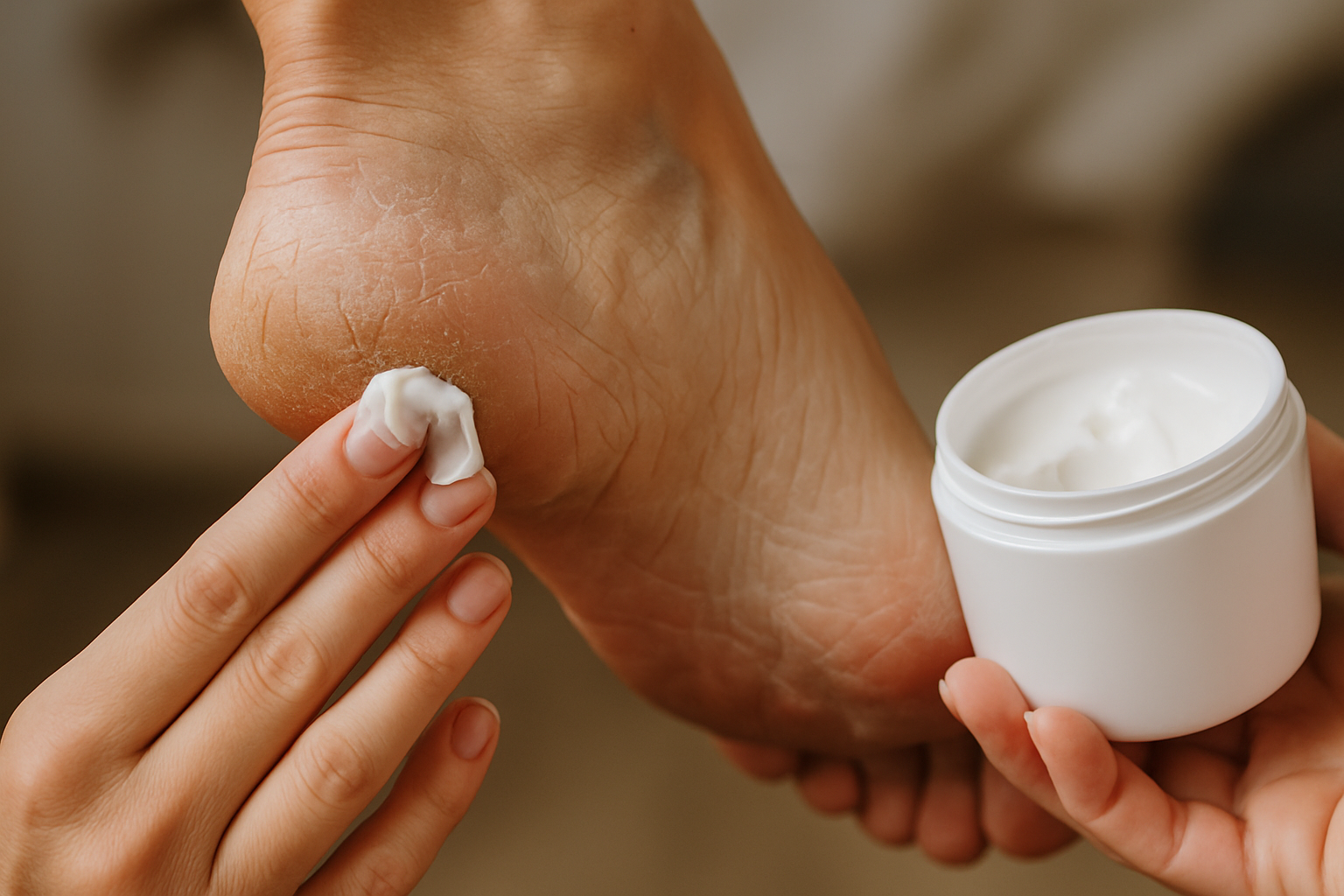 Kobieta nakłada krem na suchą skórę pięty, obok znajduje się biały słoiczek z kosmetykiem.