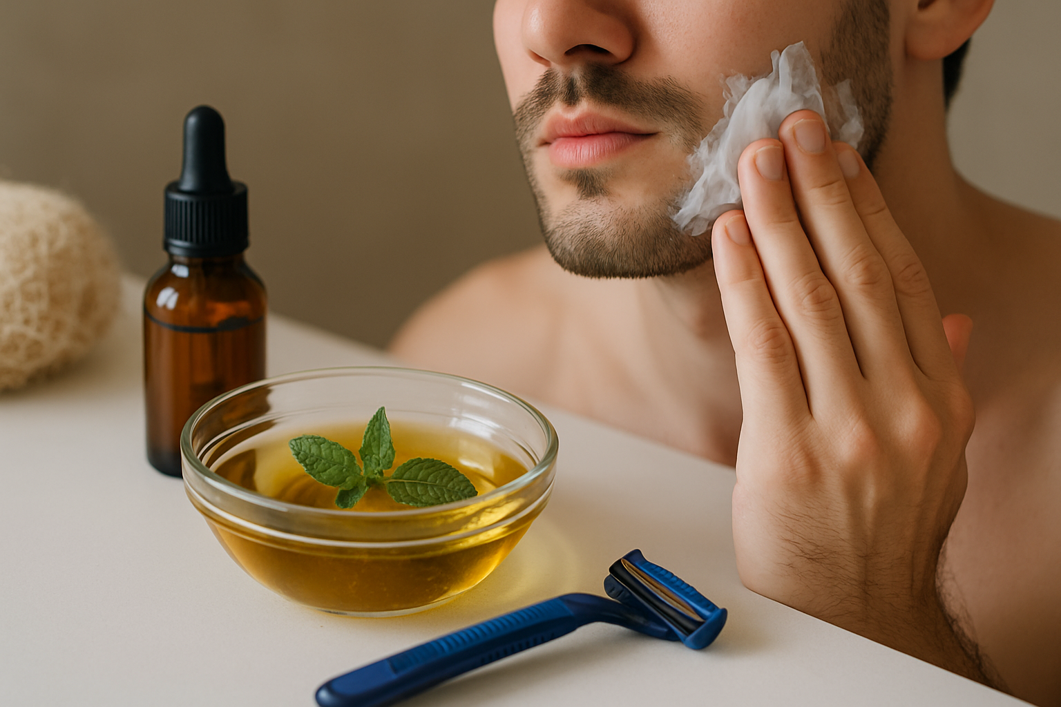 Mężczyzna stosujący produkty do pielęgnacji skóry na twarzy, trzymając w ręku chusteczkę. Obok znajduje się miseczka z olejem i świeżą miętą oraz maszynka do golenia.