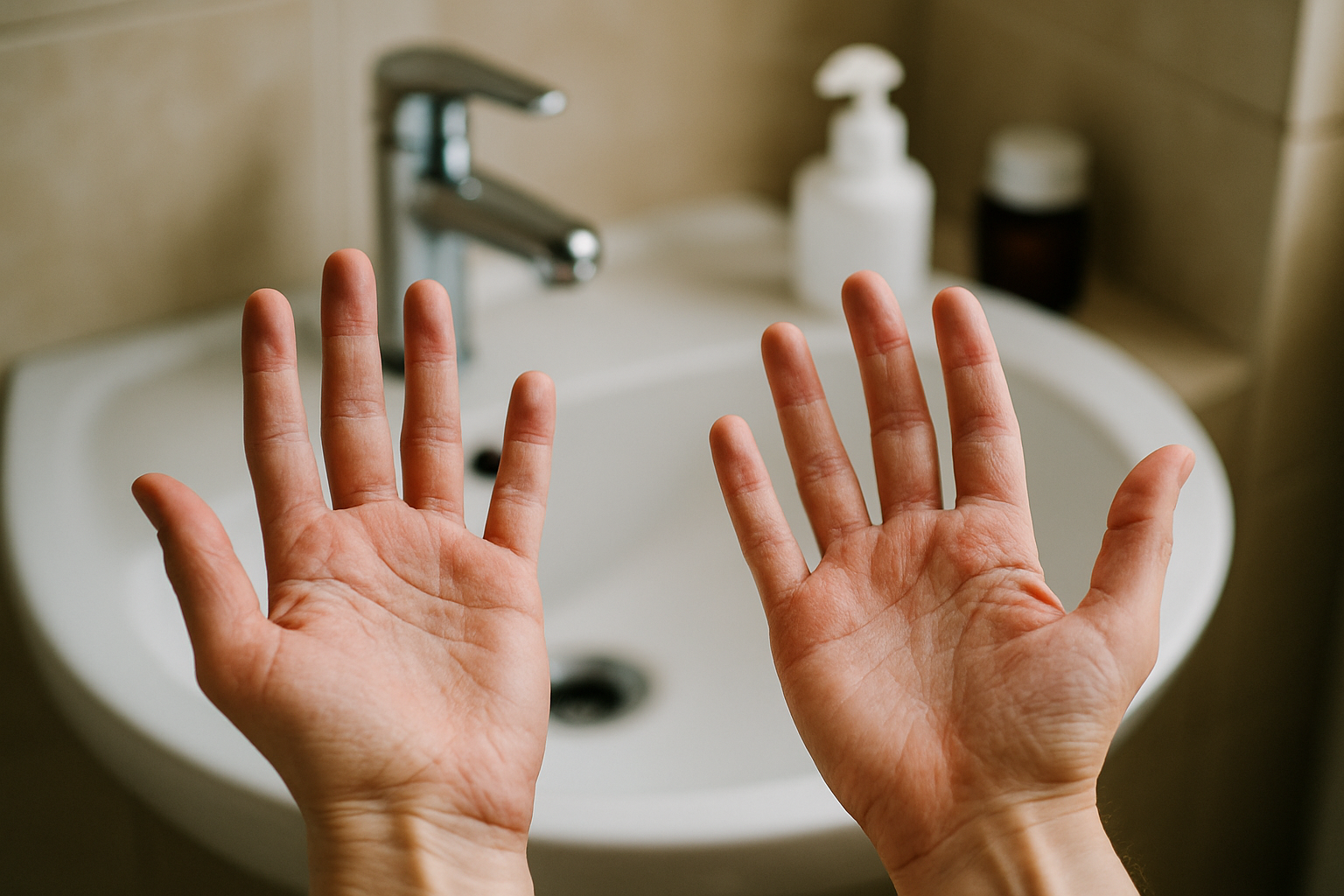 Zbliżenie na dłonie osoby, pokazujące je w pozycji gotowej do mycia, z umywalką i dozownikiem mydła w tle.