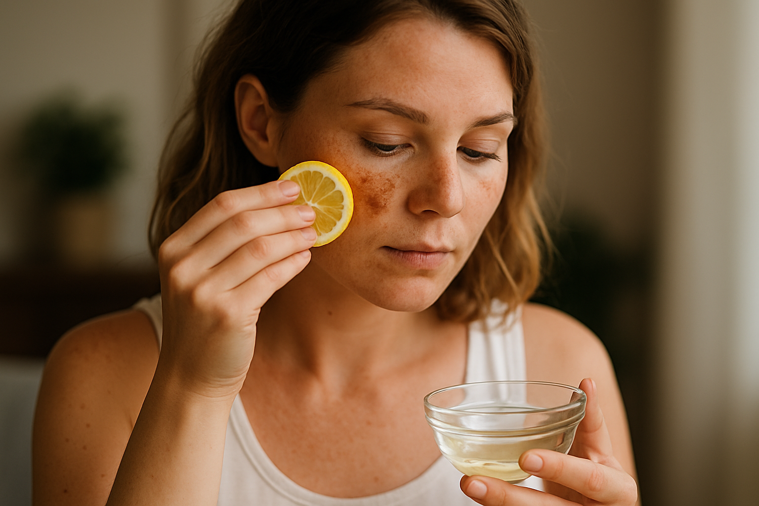 Kobieta stosująca naturalną pielęgnację skóry, przyłożona plasterek cytryny do twarzy, trzymając w drugiej ręce szklankę z płynem.