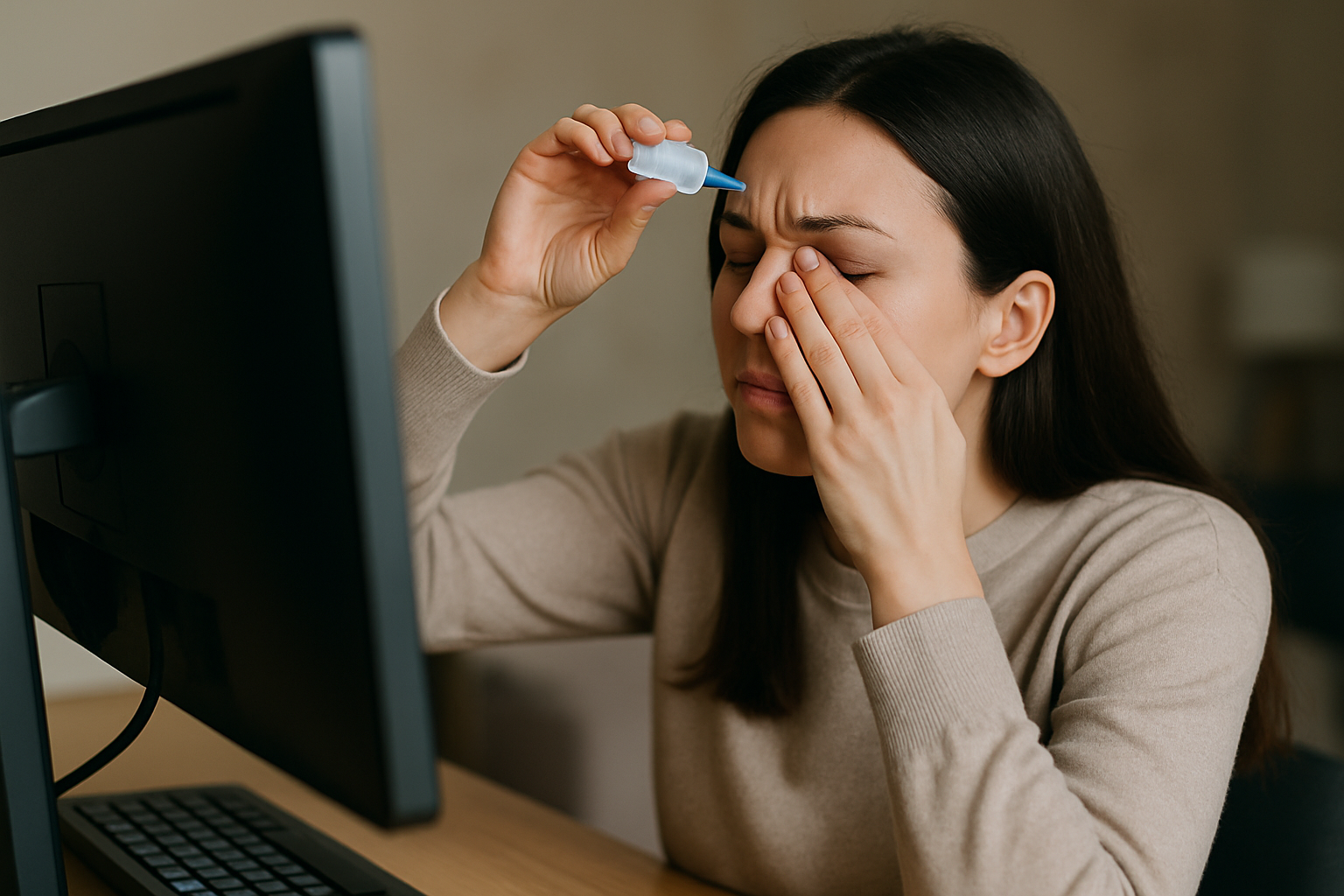 Młoda kobieta z brązowymi włosami aplikująca krople do oczu, odczuwająca dyskomfort podczas pracy przy komputerze.