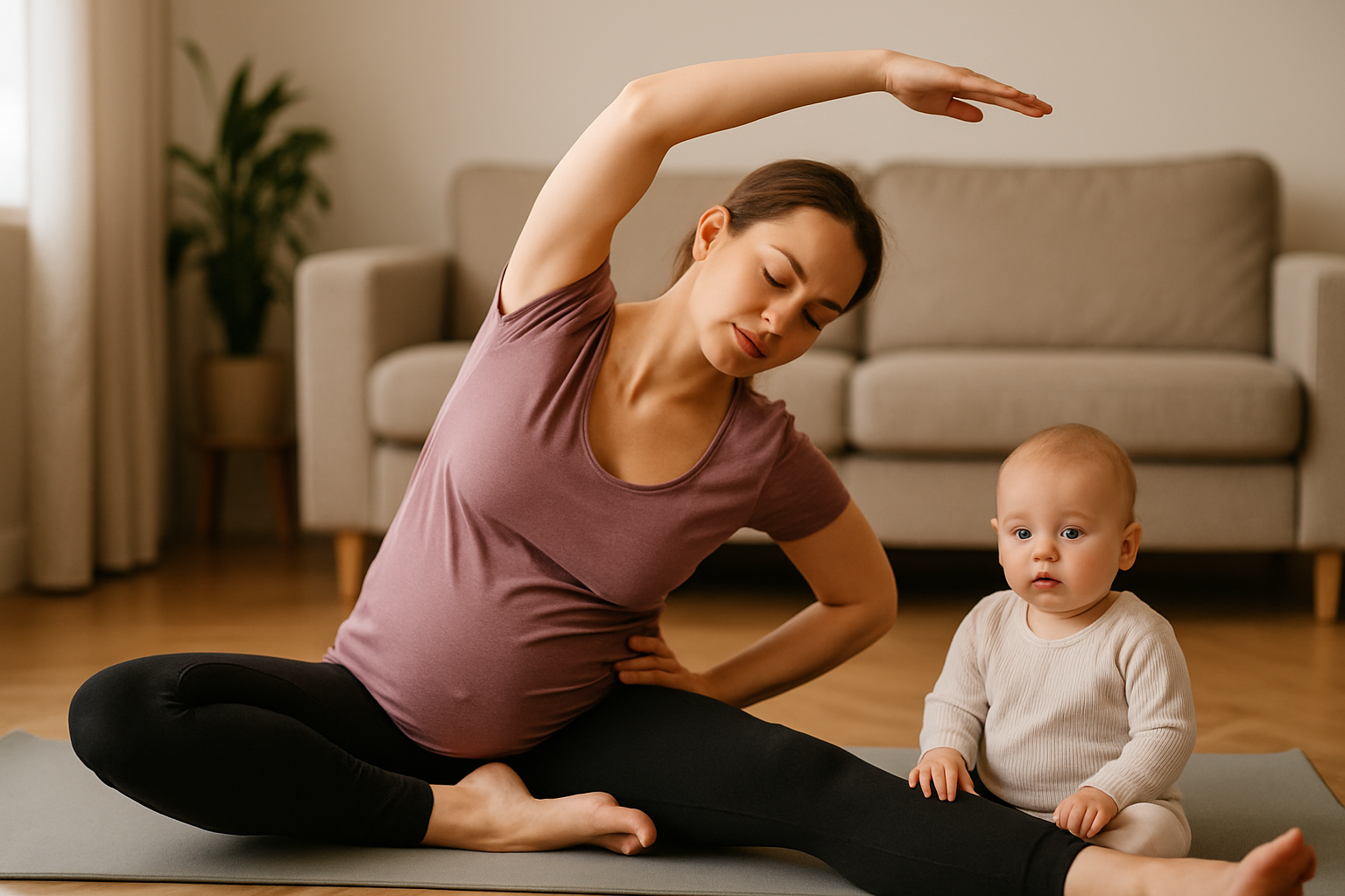 Kobieta w ciąży wykonuje ćwiczenia rozciągające na macie, a obok niej siedzi małe dziecko. W tle widać jasny, nowoczesny salon z kanapą i rośliną.