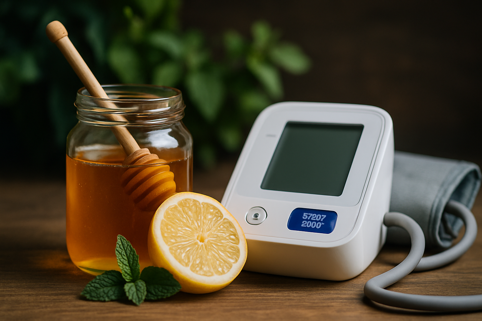 Ciśnieniomierz obok słoika z miodem, plasterkiem cytryny i świeżą miętą, na drewnianym blacie, w tle zielone liście.