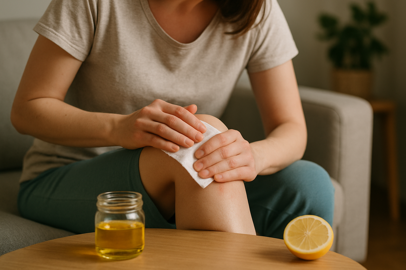 Kobieta w jasnej koszulce delikatnie przemywa kolano w domowym otoczeniu. Na stoliku obok znajduje się słoik z olejem i cytryna, co sugeruje naturalne metody pielęgnacji.